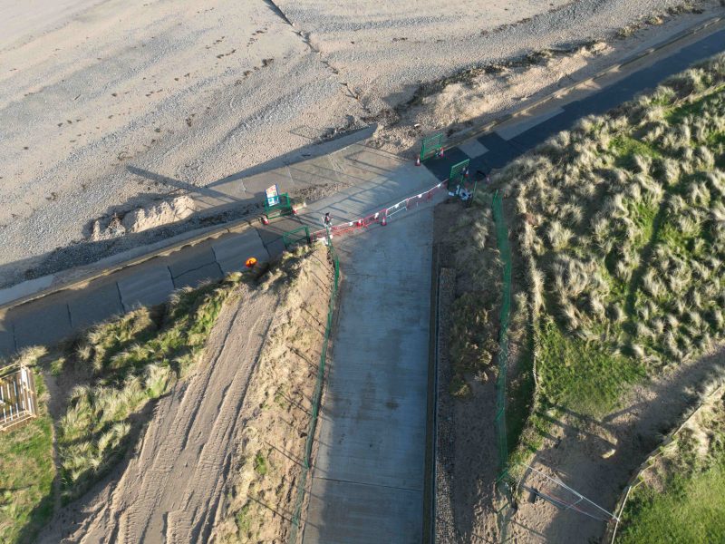 An aerial view of the widened beach access at Phase 2 of the Wyre Beach Management Scheme at Fleetwood, Lancashire.
