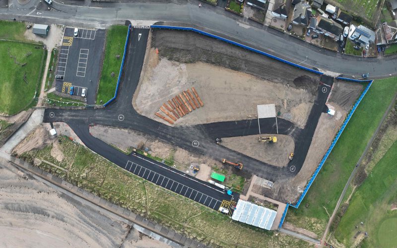 A composite aerial image showing Kilkern's construction of a new compound for Phase 2 of the Wyre Beach Management Scheme at Fleetwood, Lancashire.