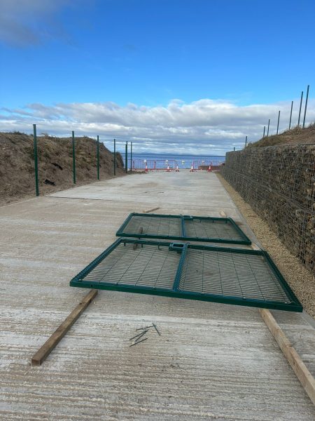 Widened beach access showing new gabion wall and fencing ready for installation at compound construction for Phase 2 of the Wyre Beach Management Scheme at Fleetwood, Lancashire.